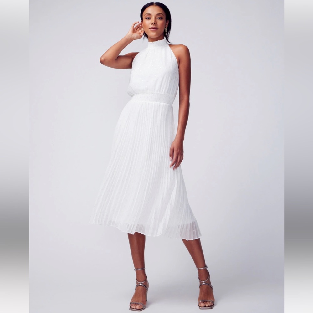 White House Black Market | White high neck smocked midi dress pleated 8